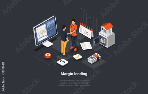 Margin Lading, Risks and Profits Concept. Men Traders Made Profitable Deal With Broker In Short And Long Positions. Characters Trade Forex And Crypto Assets Online. Isometric 3d Vector Illustration