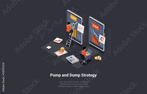 Stock Market Practice of Inflating Stock Prices to Produce Value, Dump And Pump. Man Market Maker Is Manipulating By Market And Moving Price On Stock Market Exchange. Isometric 3d Vector Illustration