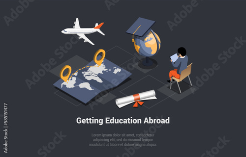 Education Abroad, Work And Travel Program Concept. Man Exchange Student Sitting In Front Of Globe With Tablet Go For Trip By Plane. Internet Education Course Degree. Isometric 3D Vector Illustration