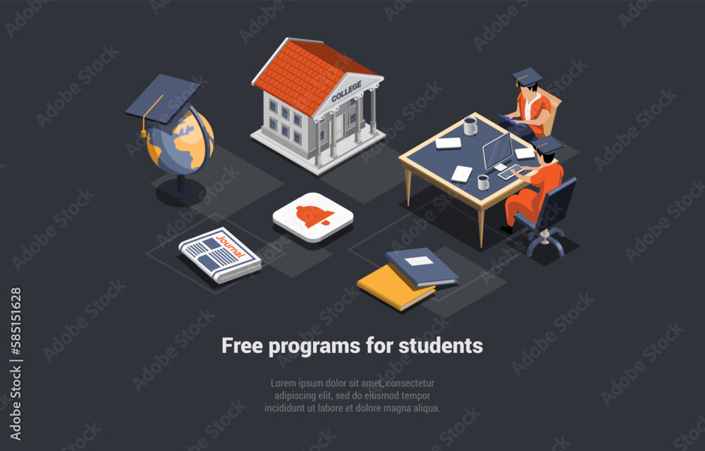 Education Abroad, Work And Free Program For Students Concept. Exchange Student Take A course Online Sitting At The Desk. Internet Education Course Degree. Isometric 3D Cartoon Vector Illustration Education Abroad, Work And Free Program For Students Concept. Exchange Student Take A course Online Sitting At The Desk. Internet Education Course Degree. Isometric 3D Cartoon Vector Illustration