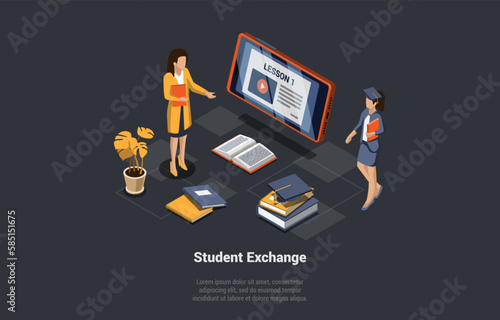 Student Exchange, Work And Travel Program. Girl Exchange Student Choosing Country For Studying Abroad With Woman Consultant. Internet Education Course Degree. Isometric 3D Catoon Vector Illustration © Intpro