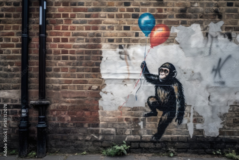 Fototapeta premium Balloon Baboon: A Whimsical and Unique Graffiti of a Primate Holding a Balloon on a Brick Wall - AI generated