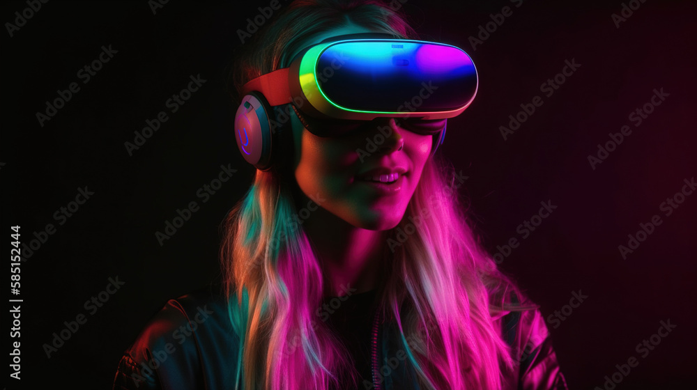 Portrait of an African-American woman in astonishment wearing a virtual reality headset. Vivid colors neon glowing HMD generative ai Portrait of an African-American woman in astonishment wearing a virtual reality headset. Vivid colors neon glowing HMD generative ai