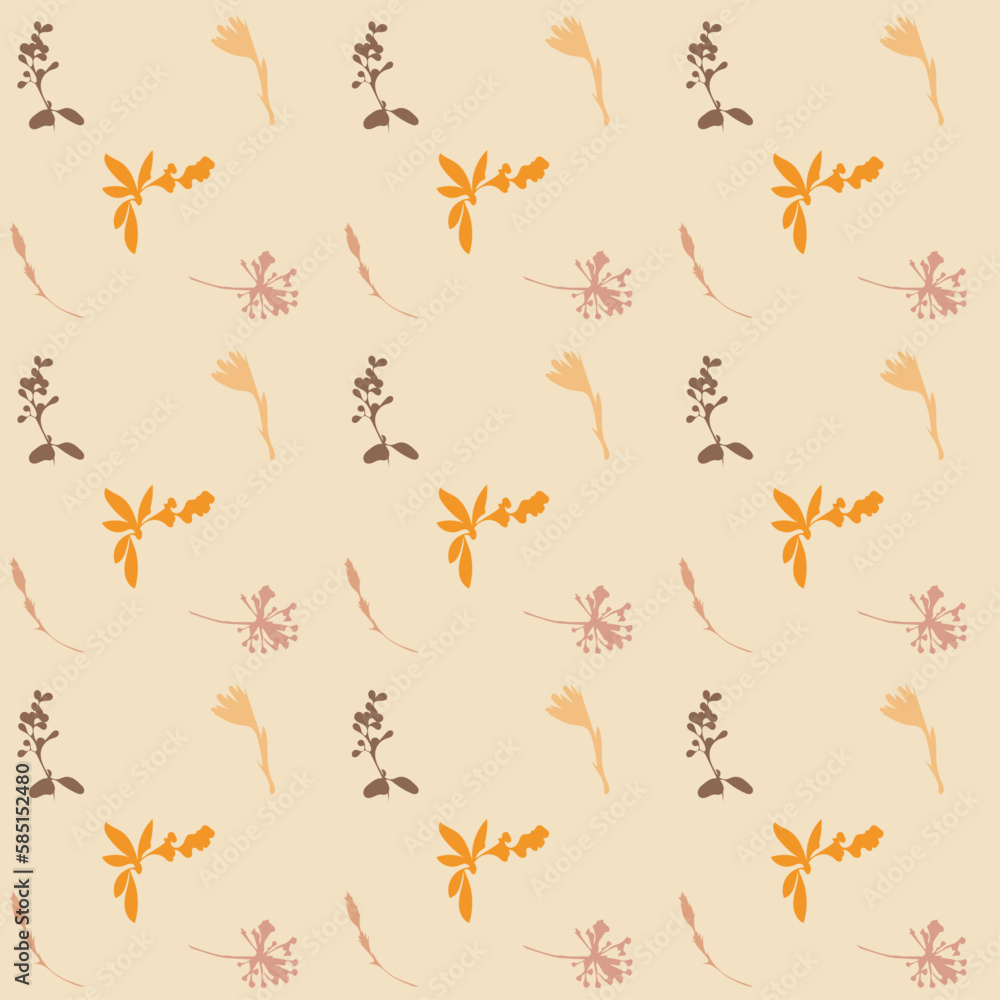 Pattern with illustration of 5 different natural herbs in calm warm colors