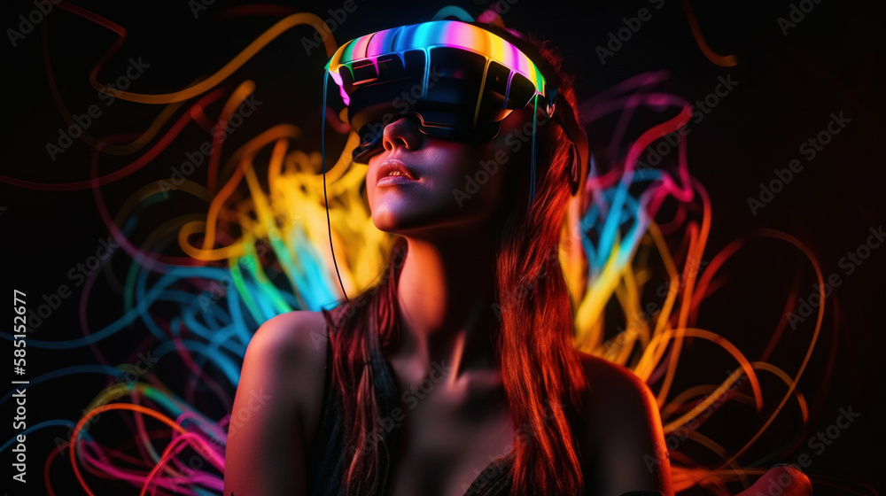 Portrait of an African-American woman in astonishment wearing a virtual reality headset. Vivid colors neon glowing HMD generative ai Portrait of an African-American woman in astonishment wearing a virtual reality headset. Vivid colors neon glowing HMD generative ai
