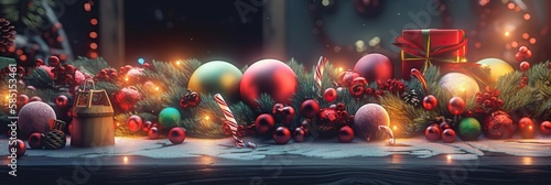 Merry Christmas and Happy new year. Festive design with decorative elements. Holiday season. Horizontal banner and poster, header for website. generative ai