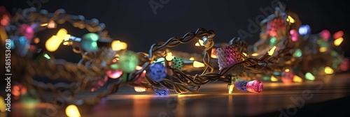Merry Christmas and Happy new year. Christmas decorative bright glowing garlands. Festive design with decorative elements. holiday season. Horizontal banner, poster, header for website. generative ai