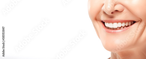 Banner tooth whitening, perfect white teeth elderly woman close up, female veneer toothy smile, dental care and stomatology, dentistry, copyspace for text. generative ai