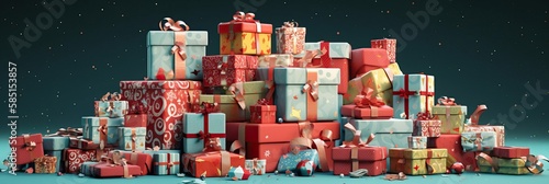 Pile of Christmas gifts box. Merry Christmas and Happy new year. Festive design with decorative elements. holiday season. Horizontal banner and poster, header for website. generative ai © megavectors