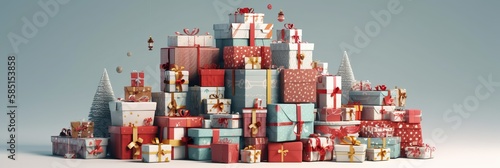 Pile of Christmas gifts box. Merry Christmas and Happy new year. Festive design with decorative elements. holiday season. Horizontal banner and poster, header for website. generative ai