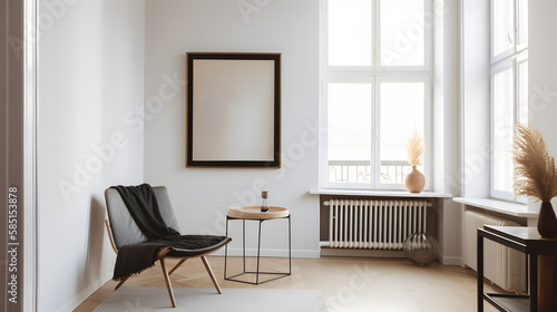 a photograph of a blank framed A2 Poster on the wall of a stylish appartment