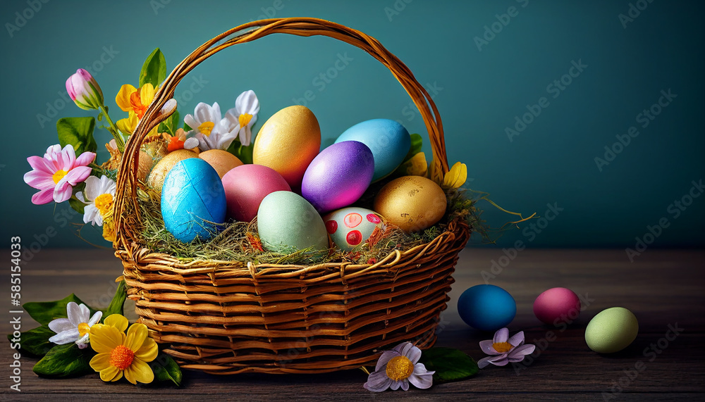 Easter eggs in basket with flowers, AI generated 