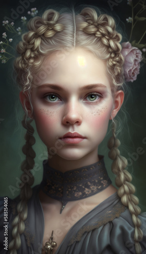 Portrait of a young princess, queen in a chic outfit of the Middle Ages. beautiful blonde girl. Created with generative AI.