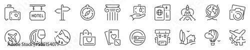 Travel, tourism and destinations thin line icon set 1 of 2. Symbol collection in transparent background. Editable vector stroke. 512x512 Pixel Perfect.