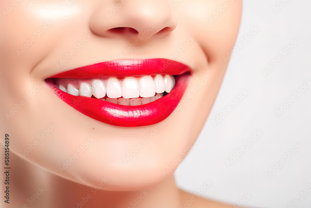 perfect white teeth close up, female toothy veneer smile red lips, Tooth whitening, , dental care and stomatology, dentistry. generative ai perfect white teeth close up, female toothy veneer smile red lips, Tooth whitening, , dental care and stomatology, dentistry. generative ai