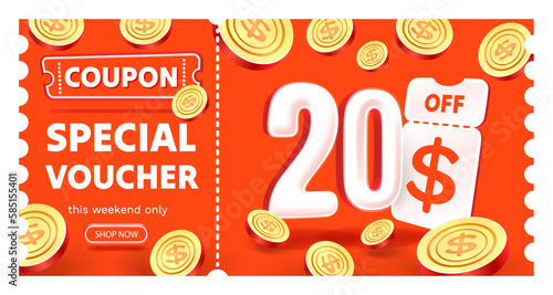 Coupon special voucher 20 dollar , Check banner special offer. Vector photo