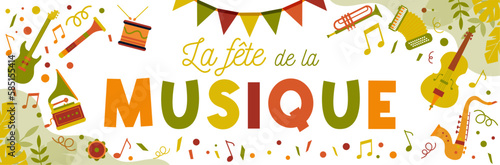 La fête de la Musique - Bannière colorée - Titre et illustrations autour de la musique, instruments et cotillons