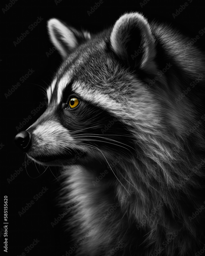 Generated photorealistic close-up profile portrait of a raccoon with yellow eyes in black and white