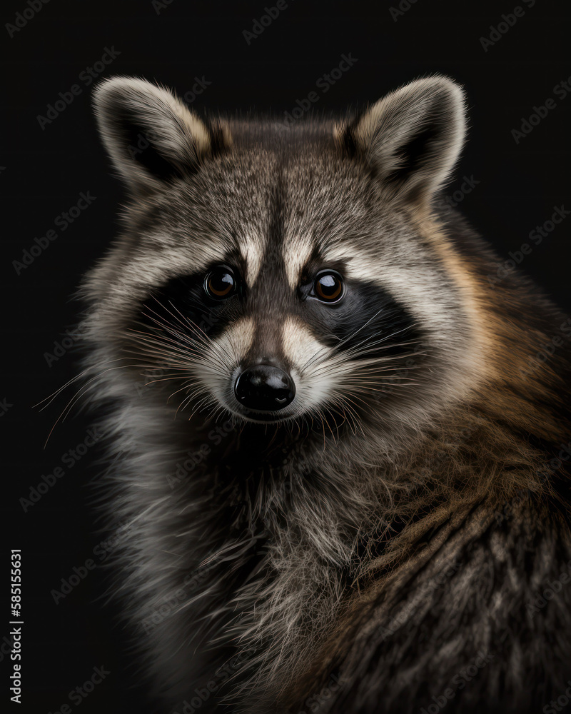 Generated photorealistic portrait of a striped raccoon