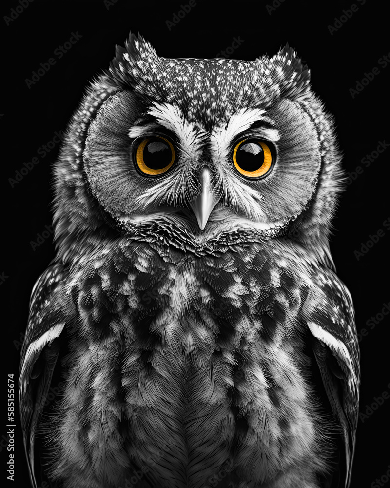 Fototapeta premium Generated photorealistic portrait of an owl with yellow eyes in black and white format