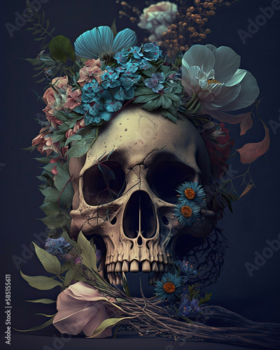 Generated photorealistic human skull in flowers and leaves in profile