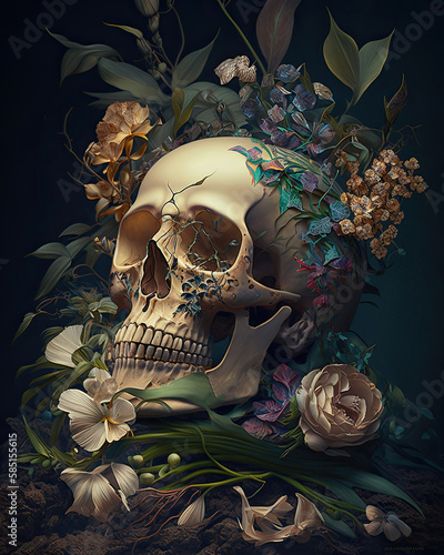 Generated human skull with forehead crack in flowers and leaves in profile