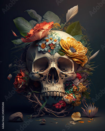 Generated human skull in flowers and leaves