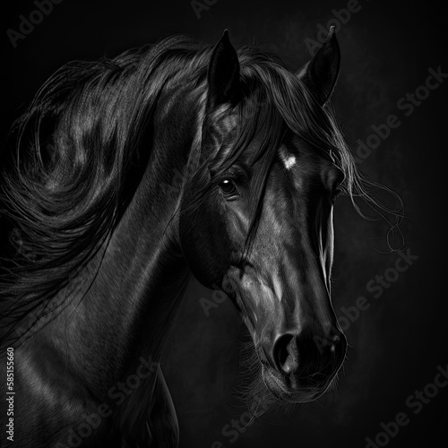 Generated portrait of a horse with a developing mane on a black background in black and white format