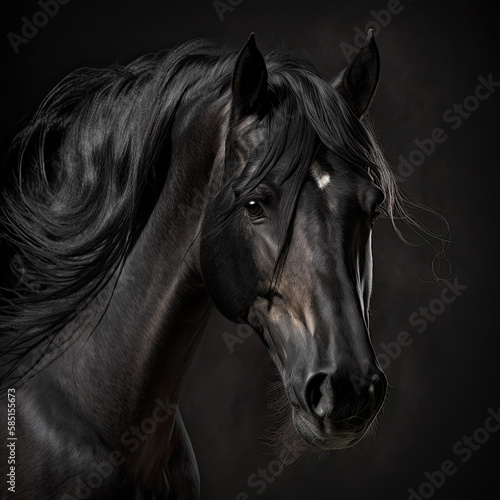 Generated portrait of a horse with a developing mane on a black background