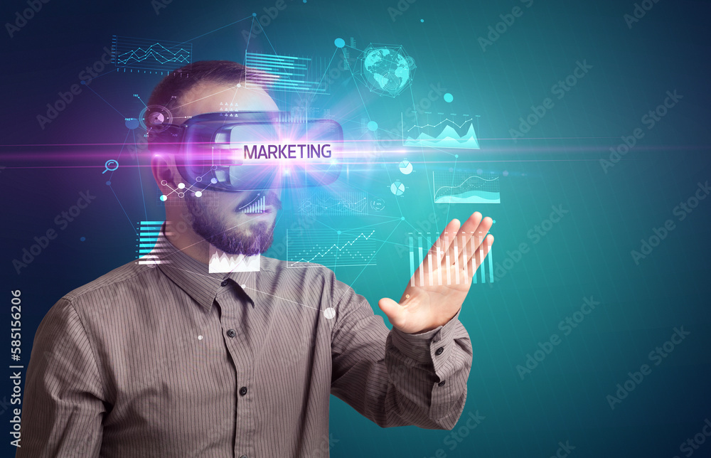 Businessman looking through Virtual Reality glasses Businessman looking through Virtual Reality glasses