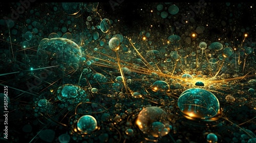 Abstract spheres moves speed light data flows systems future complexity explosion expanding dust fog particles glow green black gold