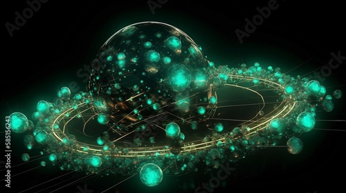 Abstract spheres complex system nodes glow sphere data flows layers particles connection future green black