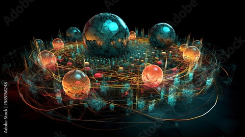 Abstract data systems flow neuros complex nodes future complexity green black gold glow light speed particles relations connection
