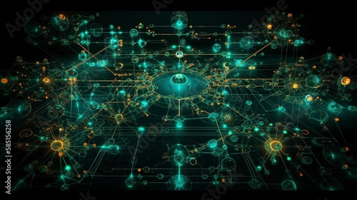 Abstract data flows system matrix cell nodes connection flow future complexity green black