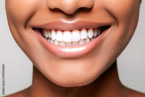 perfect white teeth close up African American black girl, female toothy veneer smile, tooth whitening, dental care and stomatology, dentistry, generative ai.
