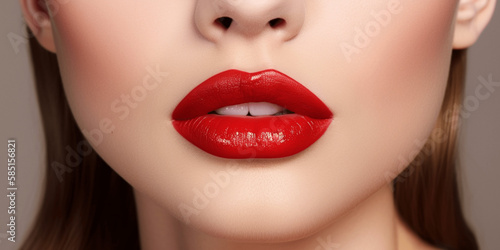 Sexy Lips close up, Beautiful Perfect Makeup, Bold red Lip Gloss, lipstick, big lips, Cosmetic beauty procedures © Gen AI