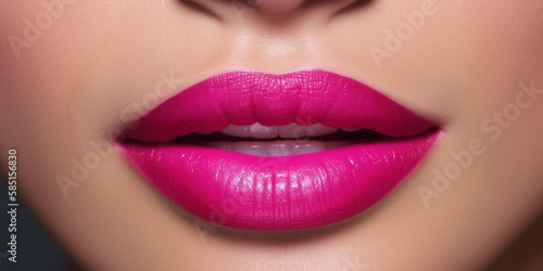 Sexy Lips close up, Beautiful Perfect Makeup, fuchsia pink Lip Gloss, big lip, Cosmetic beauty procedures