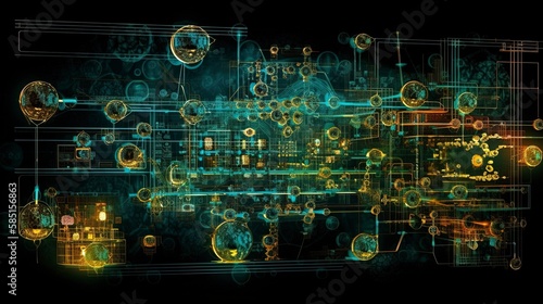 Abstract 3D data flows systems future cell complexity connections green black grid matrix