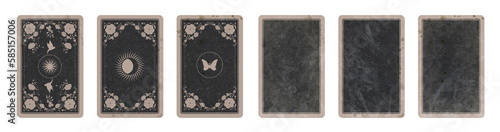 Set of three aged playing cards back with floral and esoteric designs and three faded, stained and battered blank playing cards, isolated on white background.