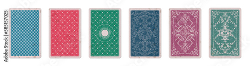 Set of illustrated playing card back designs, aged, stained and damaged, isolated on a white background.