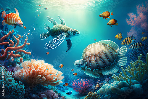 coral reef with fish and all Animals of the underwater sea world. Ecosystem Colorful tropical fish  Bright sky  Safe Atmosphere  HQ landscape  4K  Animal Wallpaper  wildlife Background  generative AI 