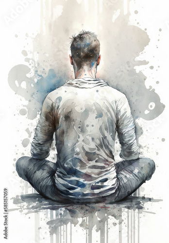 Man meditating in sitting pose illustration from behind with lotus flower esoteric yogi practice watercolor digital art generative ai
