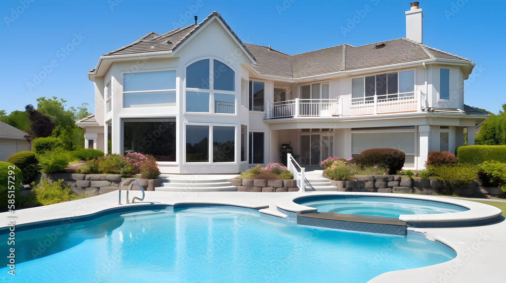 Beautiful home exterior and large swimming pool on sunny day with blue sky.