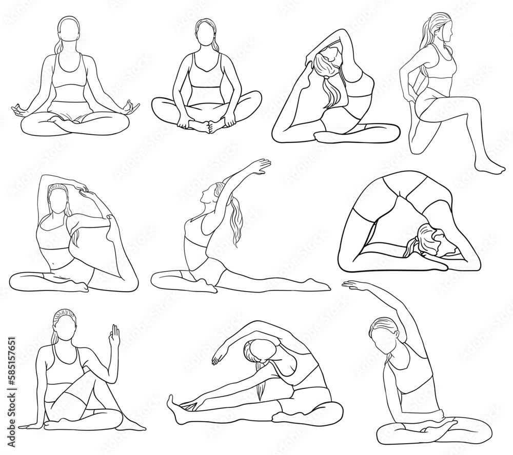 sketches of set of a woman doing sitting yoga poses sketches of set of a woman doing sitting yoga poses
