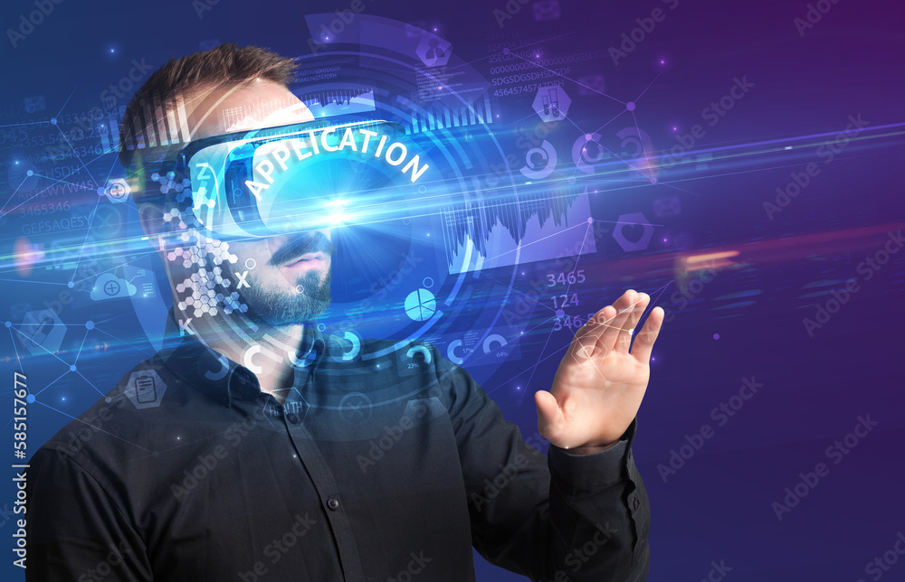 Businessman looking through VR glasses Businessman looking through VR glasses