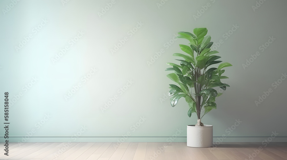 Blank sage green wall in house with green tropical tree in white modern design pot, baseboard on wooden parquet in sunlight for luxury interior design decoration, home appliance product background