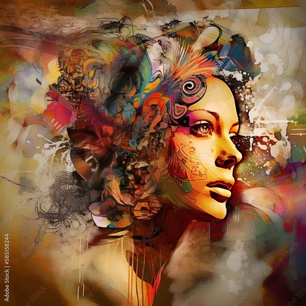 is a breathtaking and visually intricate image that features a woman's face surrounded by a vibrant array of artistic elements. The woman's face is serene and ethereal, radiating a sense of inner calm