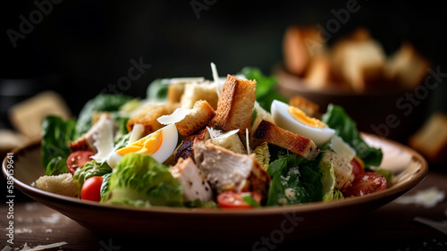 Tasty Caesar salad with grilled chicken and colorful veggies