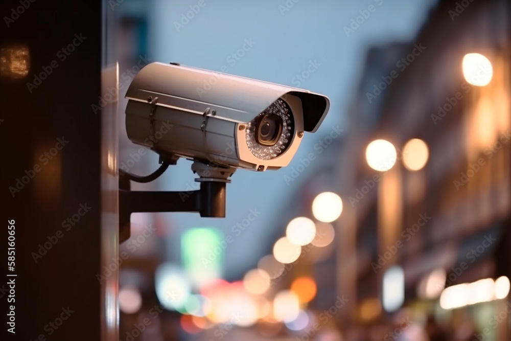 Security camera on modern building. Professional surveillance cameras. CCTV on the wall in the city. Security system, technology. Video equipment for safety system area control outdoor. AI generated. - obrazy, fototapety, plakaty 
