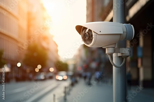 Security camera on modern building. Professional surveillance cameras. CCTV on the wall in the city. Security system, technology. Video equipment for safety system area control outdoor. AI generated.